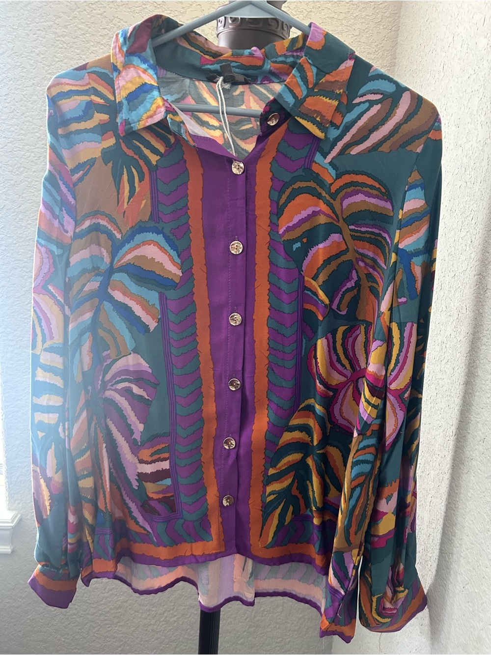 Vibrant Multicolor Button-Up Blouse - Teal, Purple, Orange